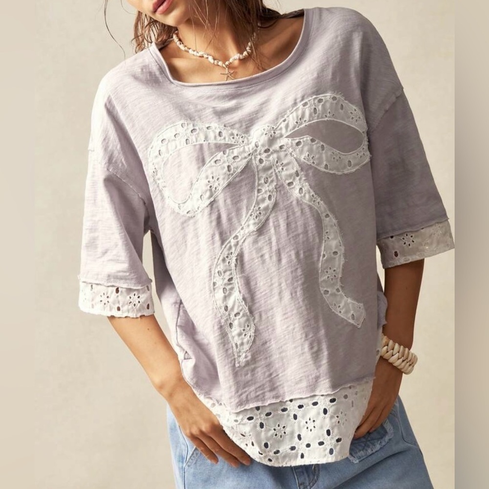 Women's Lace Bow Top - Light Gray - Picture 3 of 10